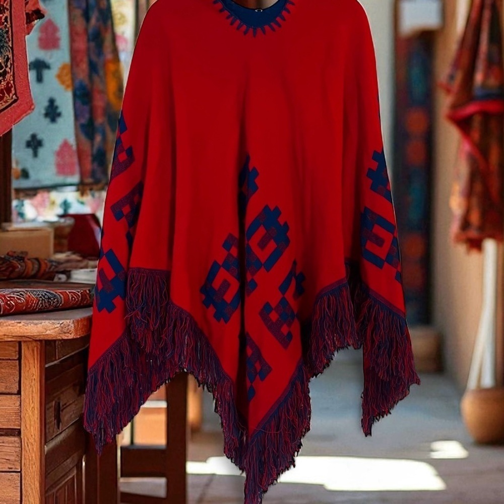 Vintage 70s Poncho Mexican Reversible Fringe Cape Shawl Blue/Red Wool Handmade - Picture 10 of 16